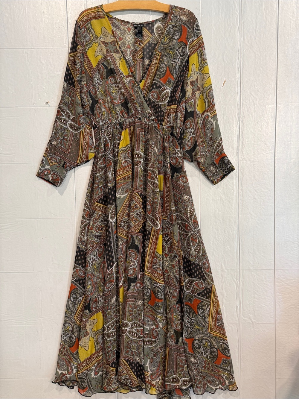 Kate and Lily 70’s Paisley Wrap Maxi Dress in Yellow and Brown